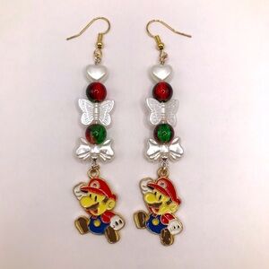Handmade Holiday Christmas Butterflies and Bows Repurposed Mario Charm Earrings